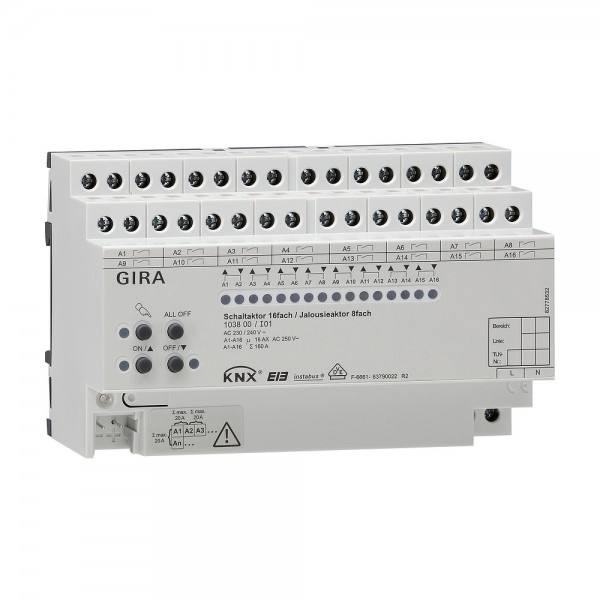 Gira 103800 KNX Schaltaktor 16-fach 16 A / Jalousieaktor 8-fach 16 A mit Handbetätigung