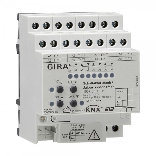 Gira 103700 KNX Schaltaktor 8-fach 16 A / Jalousieaktor 4-fach 16 A mit Handbetätigung